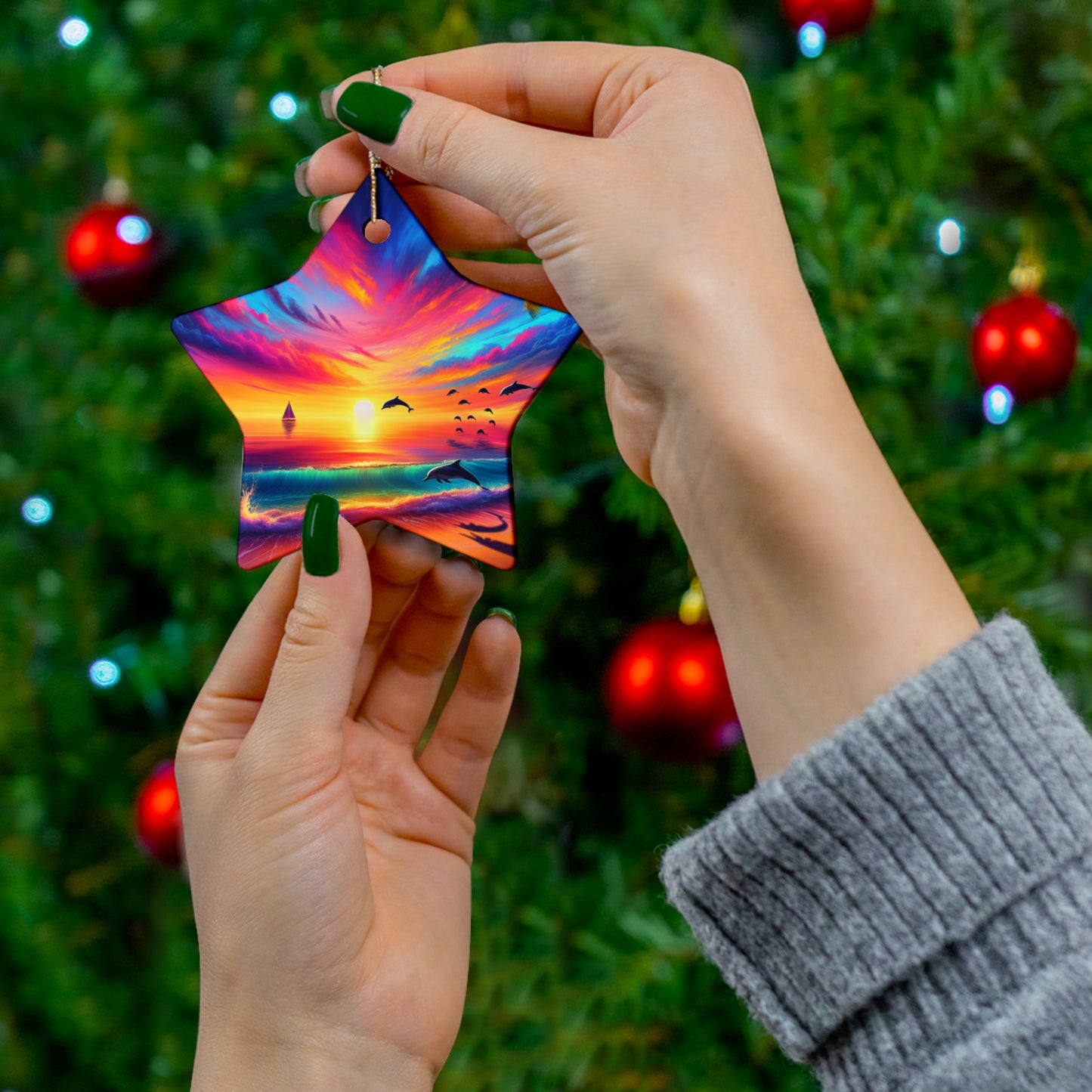 Ceramic Ornament - Tropical Beach Sunset Star, Heart, Snowflake, Circle, Dolphins, Sailboats - Holiday Christmas Tree Decoration, Gift for