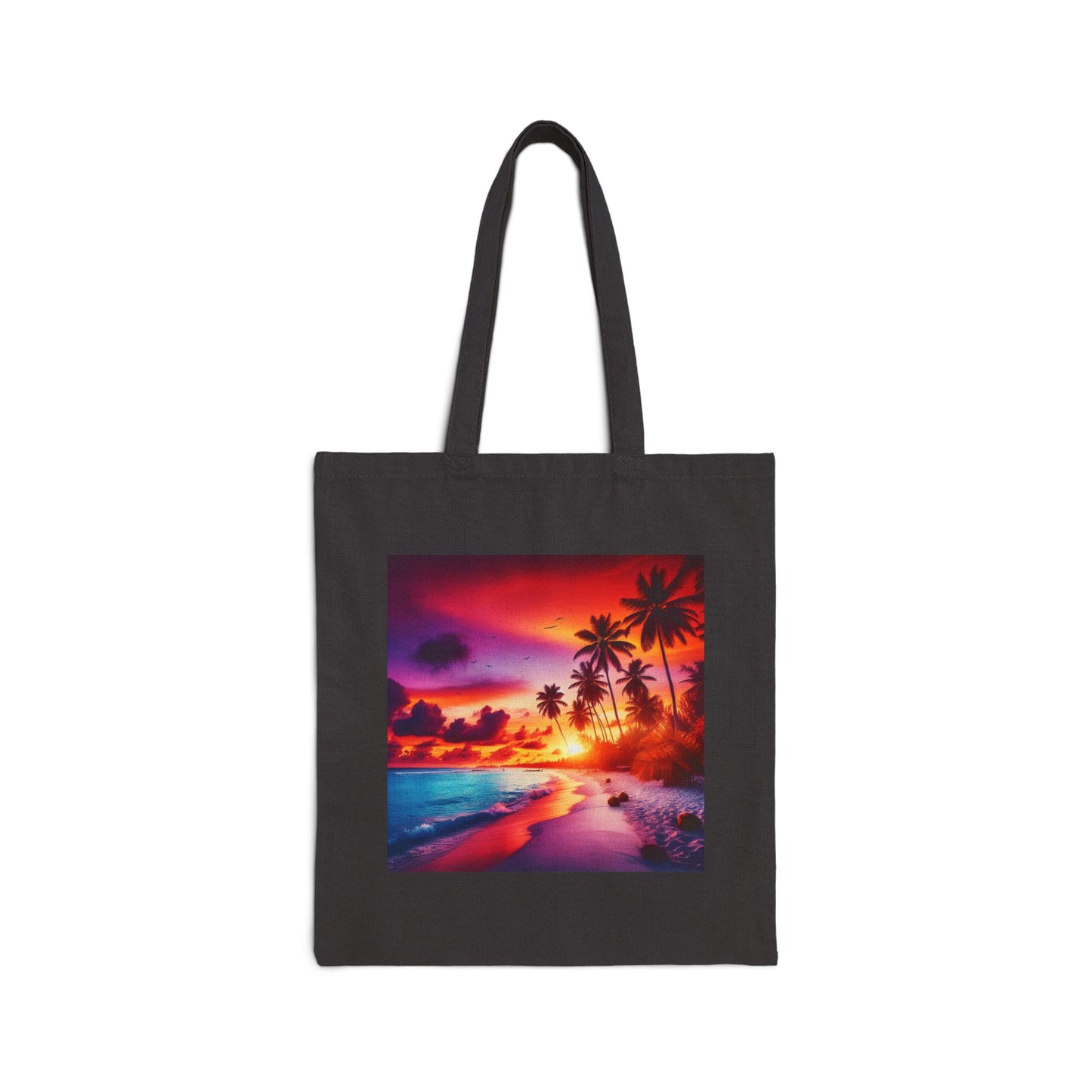 "Paradise Serenity: Tropical Twilight Tranquility" - Natural or Black Cotton Canvas Tote Bag with Tropical Beach Sunset and Palm Trees