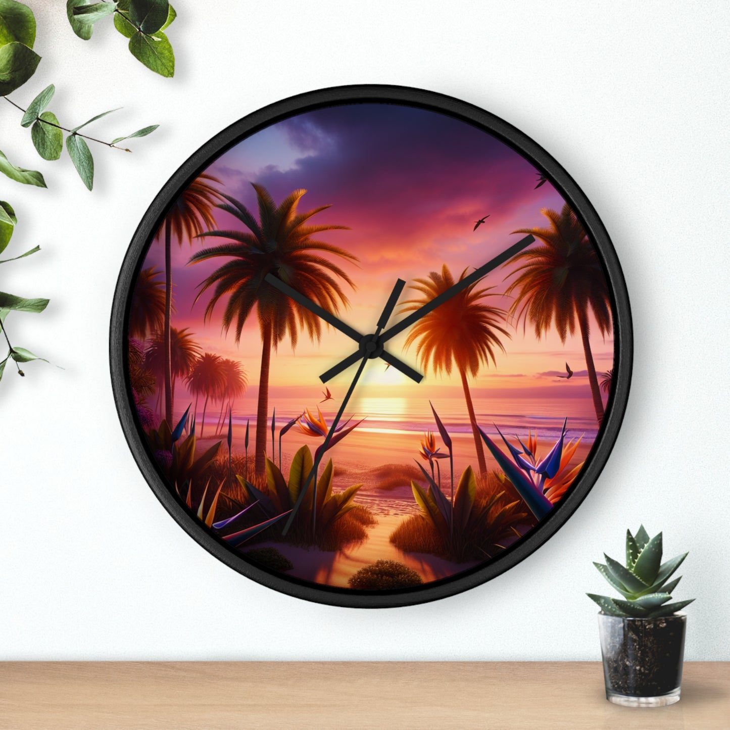 "Sunkissed Serenity: A Tropical Twilight Tapestry" - Tropical Beach at Sunset 10" Wall Art Clock
