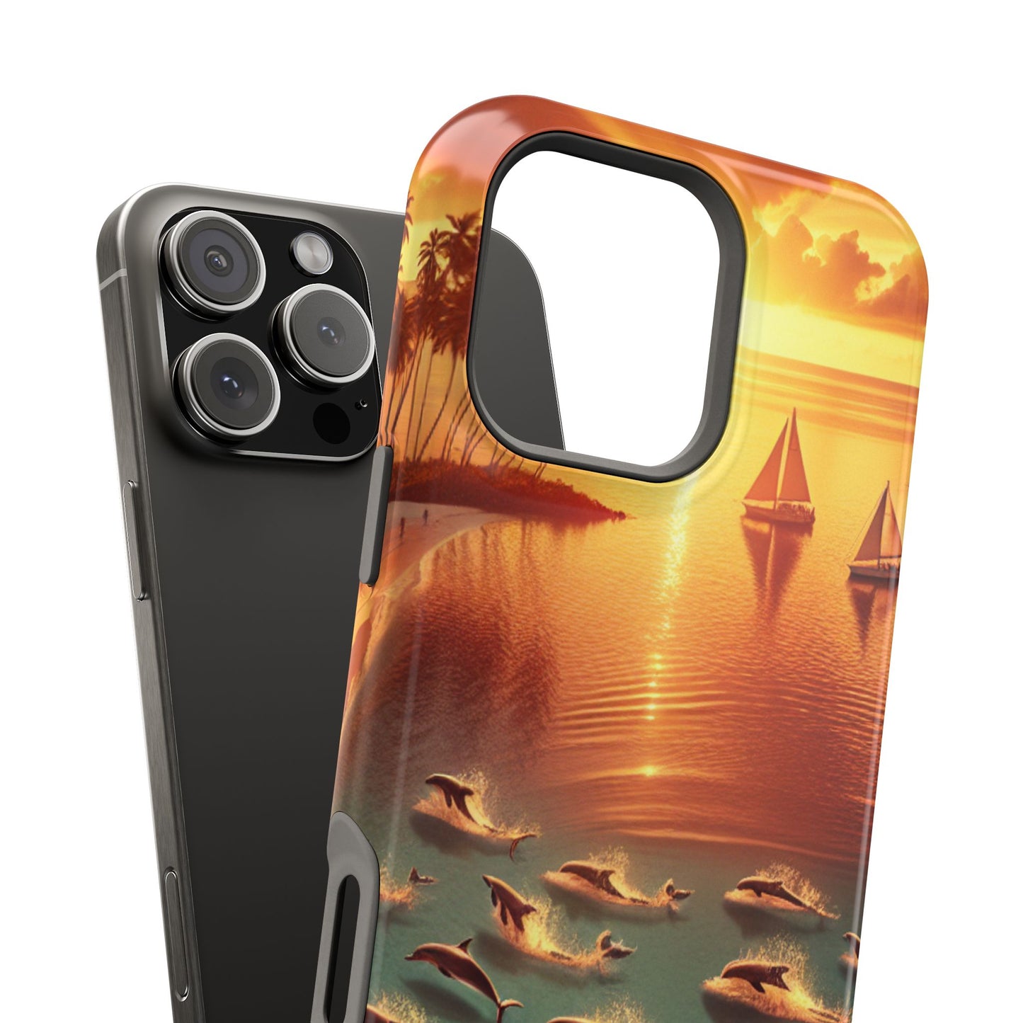 Magnetic Iphone 13-16 Pro and Max 1111 "Golden Sands: Tropical Dusk Serenade" - Tough Phone Case with Tropical Beach Sunset Dolphins ande Sailboats HD Art