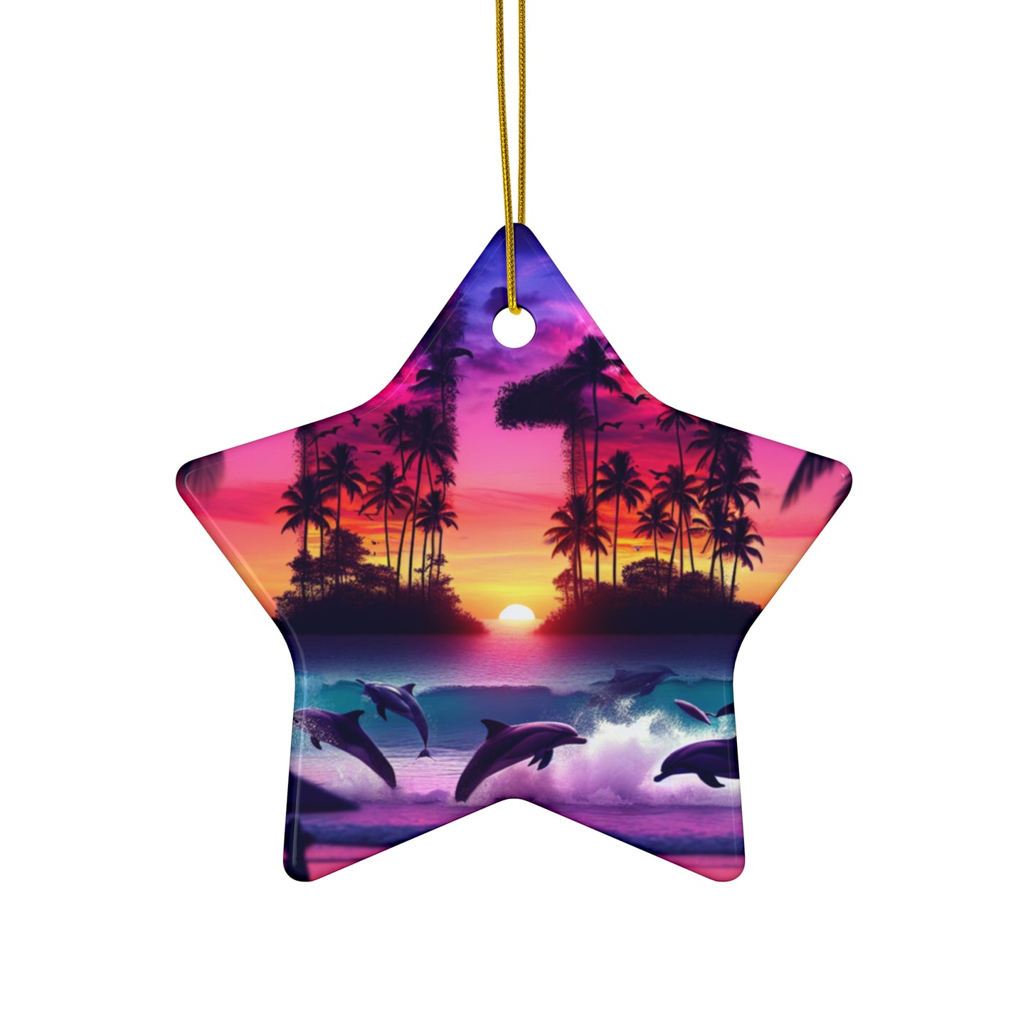 Ceramic Ornament Star, Heart, Snowflake or Circle 1111 "Paradise Serenity: A Tropical Beach Twilight Spectacle" - Tropical Beach Sunset with Palm Trees, Dolphins, and Sailboats