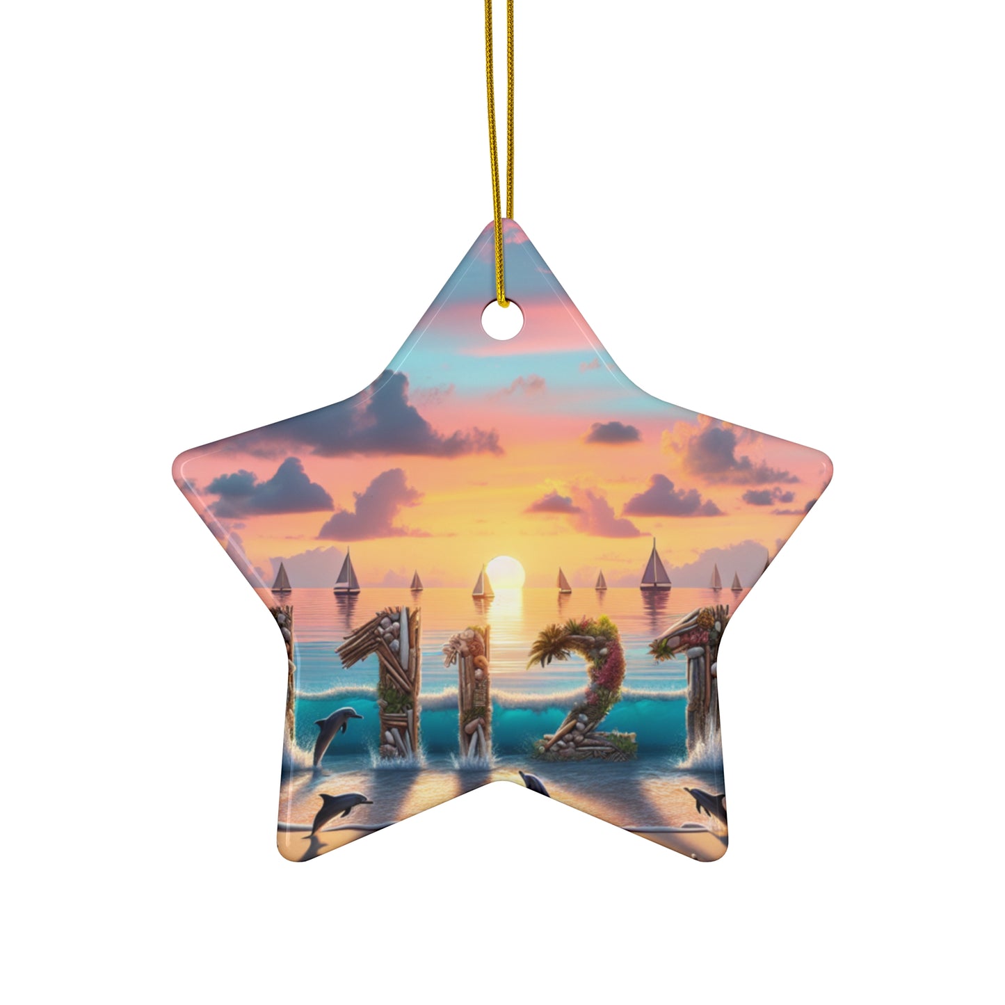 Ceramic Ornament Star, Heart, Snowflake or Circle 1111 "Paradise Twilight: An Ode to Tropical Serenity" - Tropical Beach Sunset with Palm Trees, Dolphins, and Sailboats