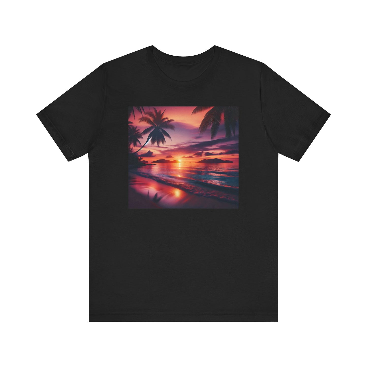 "Paradise Dusk: A Symphonic Blend of Sun, Sand & Serenity" - Tropical Beach Sunset with Palm Trees Unisex Jersey Tee