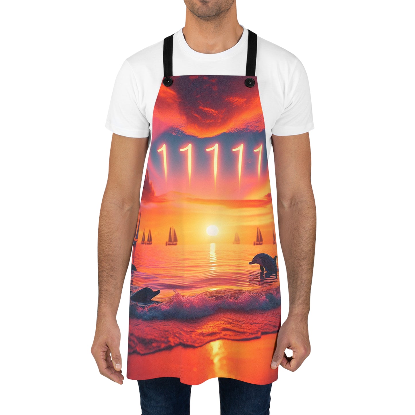 Tropical Beach Sunset Apron with Angel Number 1111, Dolphins, Sailboats, Palm Trees, Positive Mindset Reminder, Visualize Goals, Affirm