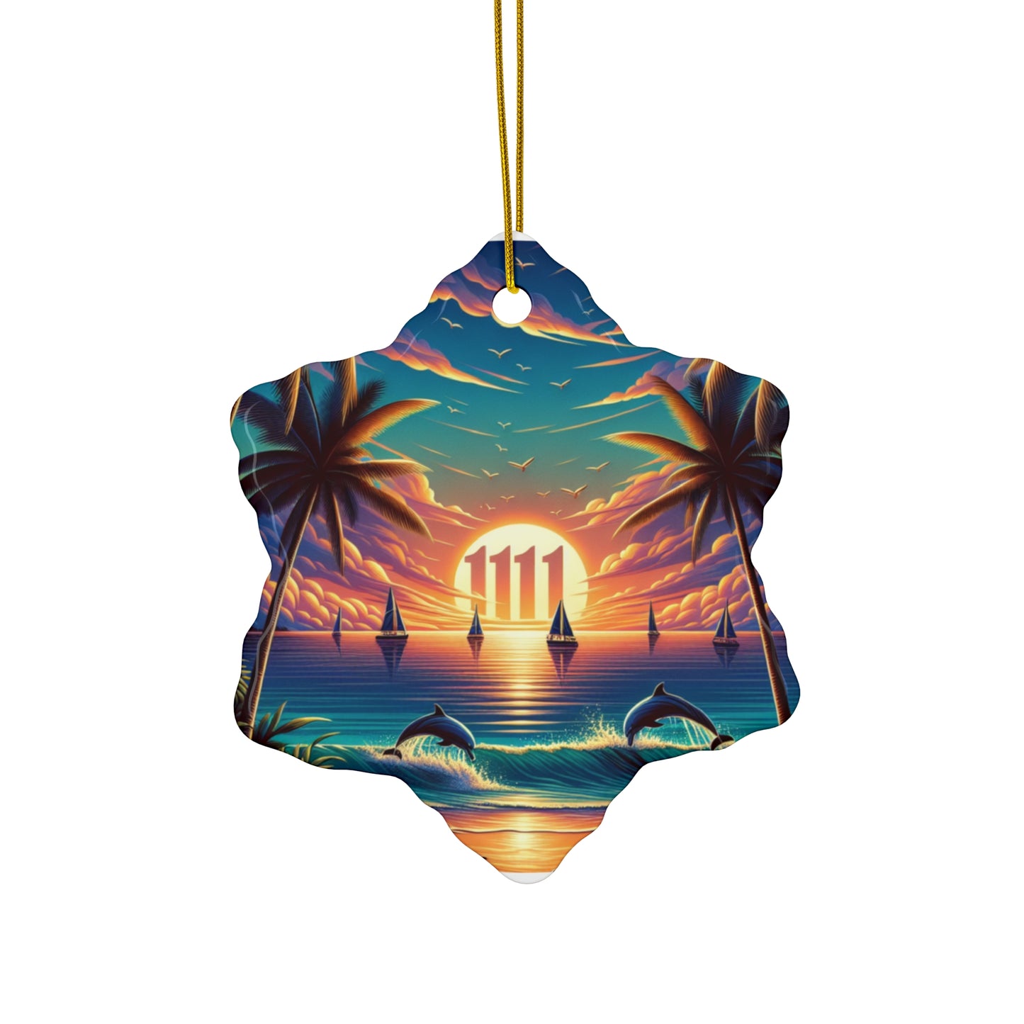 Ceramic Ornament Star, Heart, Snowflake or Circle 1111 "Paradise Kissed: Tropical Twilight" - Tropical Beach Sunset with Palm Trees, Dolphins, and Sailboats