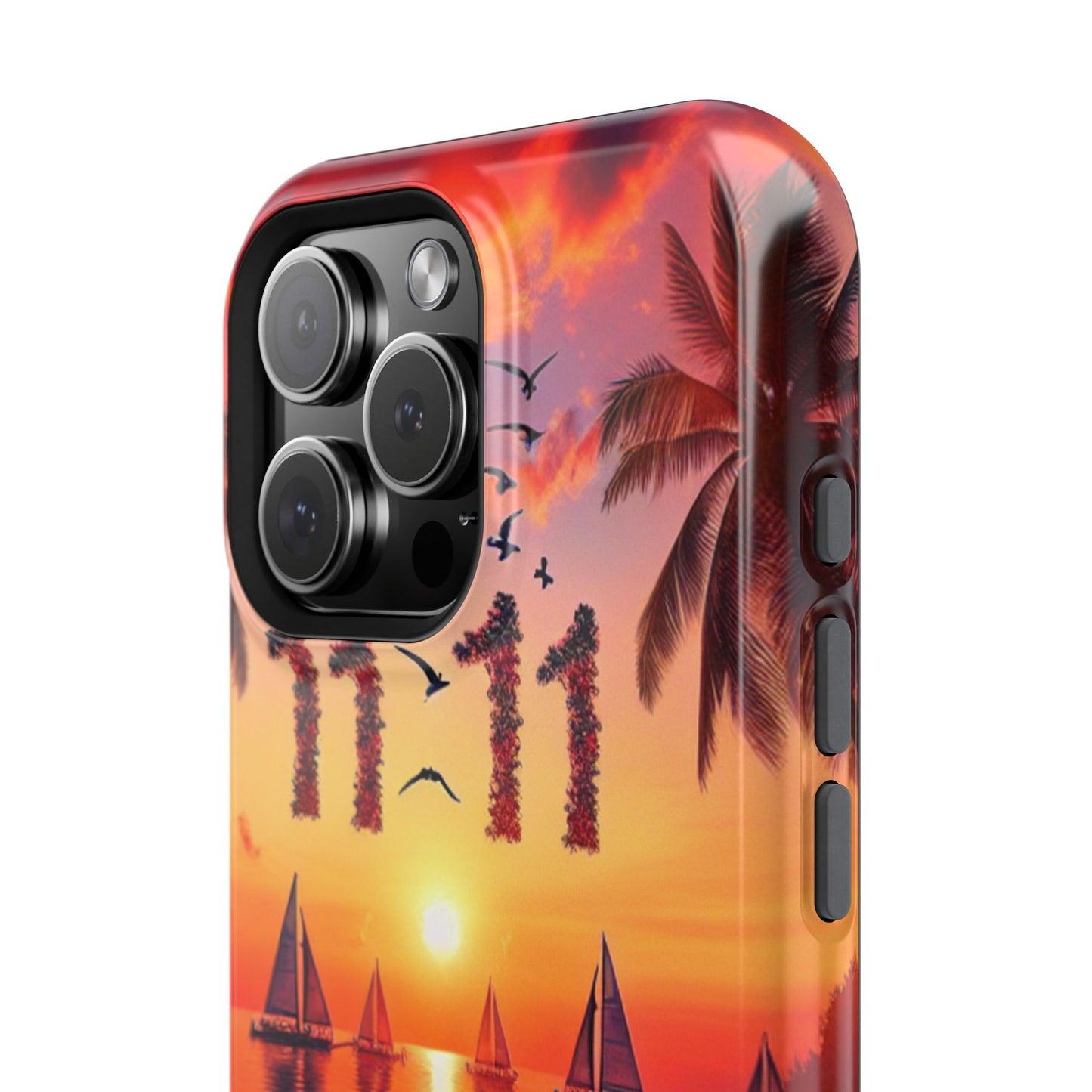 Magnetic Tough Phone case for phone 16 15 14 13 Pro Plus and Max  1111 "Sundrenched Serenity: A Tropical Twilight Masterpiece" - Tough Phone Case with Tropical Beach Sunset Dolphins ande Sailboats HD Art