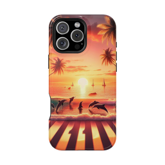 Magnetic Iphone 16 15 14 13 Pro and Max Angel number 1111 in the sand  "Serenity At Dusk: Tropical Beach Euphoria" - Tough Phone Case with Tropical Beach Sunset Dolphins ande Sailboats HD Art