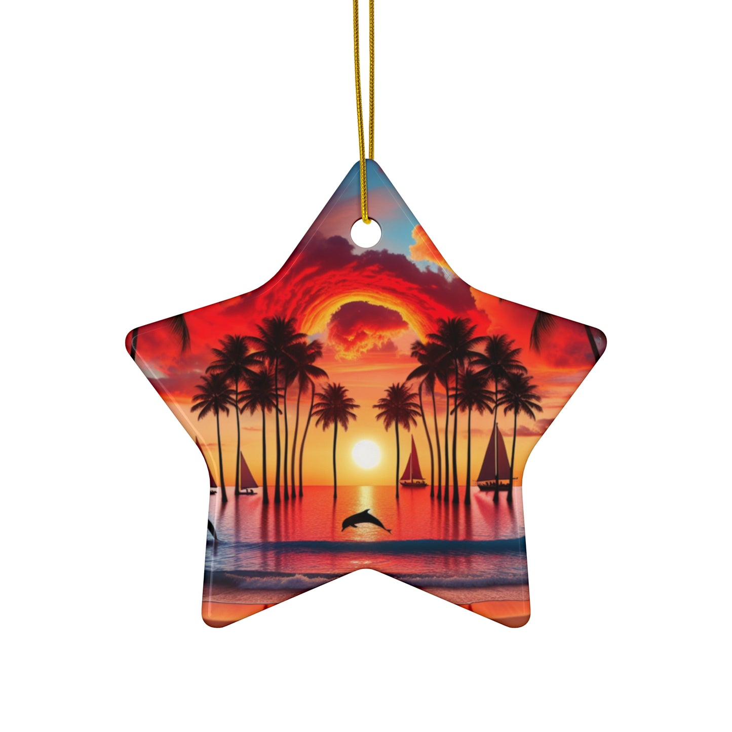 Ceramic Ornament Star, Heart, Snowflake or Circle 1111 "Paradise Serenity: Tropical Beach Sunset" - Tropical Beach Sunset with Palm Trees, Dolphins, and Sailboats