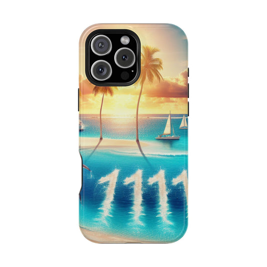 Magnetic Iphone 16 15 14 13 Pro and Max 1111 "Tropical Solitude: Sundown Serenity" - Tough Phone Case with Tropical Beach Sunset Dolphins ande Sailboats HD Art