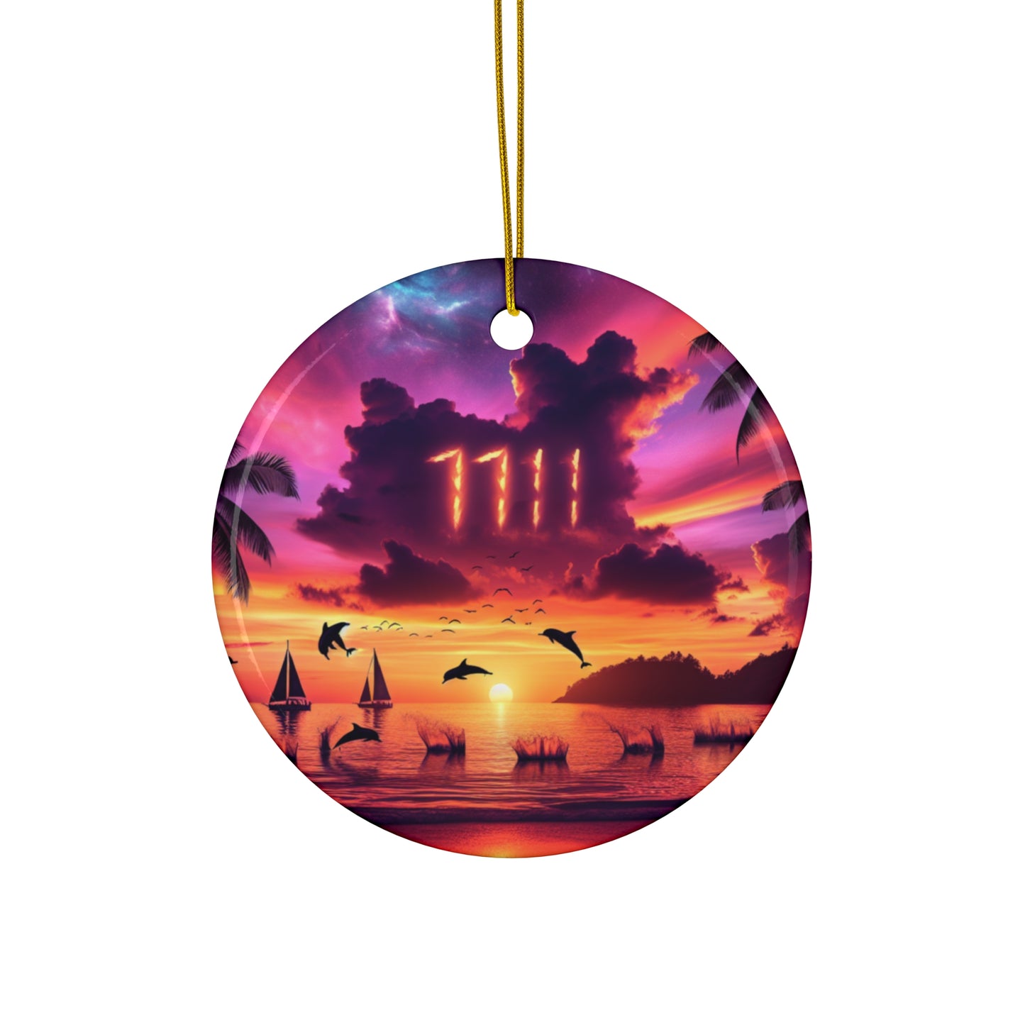 Ceramic Ornament Star, Heart, Snowflake or Circle 1111 "Paradise Twilight: A Serene Tropical Beacon" - Tropical Beach Sunset with Palm Trees, Dolphins, and Sailboats