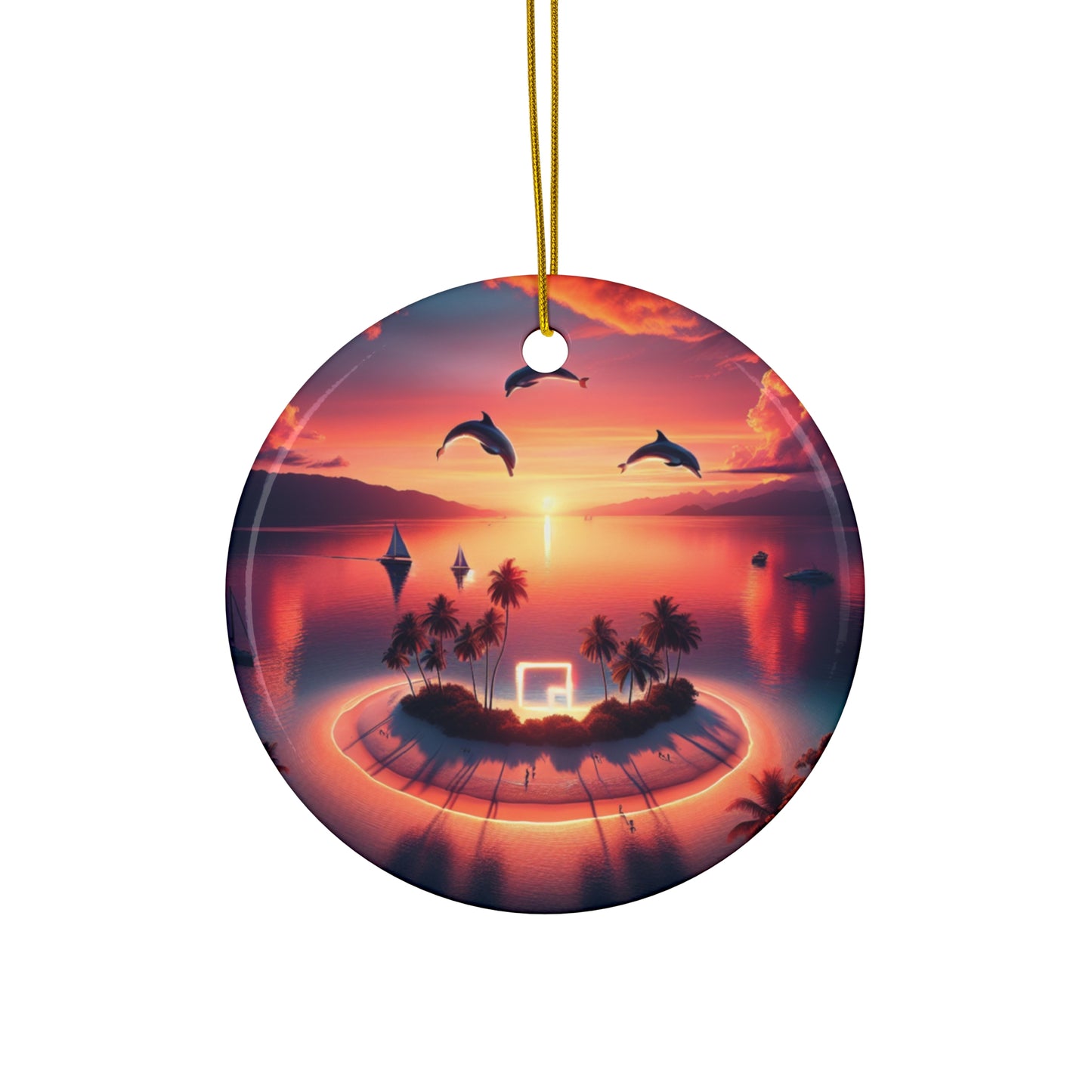 Ceramic Ornament Star, Heart, Snowflake or Circle 1111 "Paradise Twilight: A Journey Into Tropical Serenity" - Tropical Beach Sunset with Palm Trees, Dolphins, and Sailboats