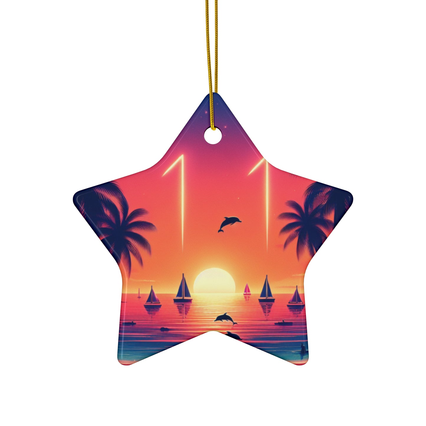 Ceramic Ornament Star, Heart, Snowflake or Circle 1111 "Paradise Dusk: A Tropical Beach Sunset Symphony" - Tropical Beach Sunset with Palm Trees, Dolphins, and Sailboats