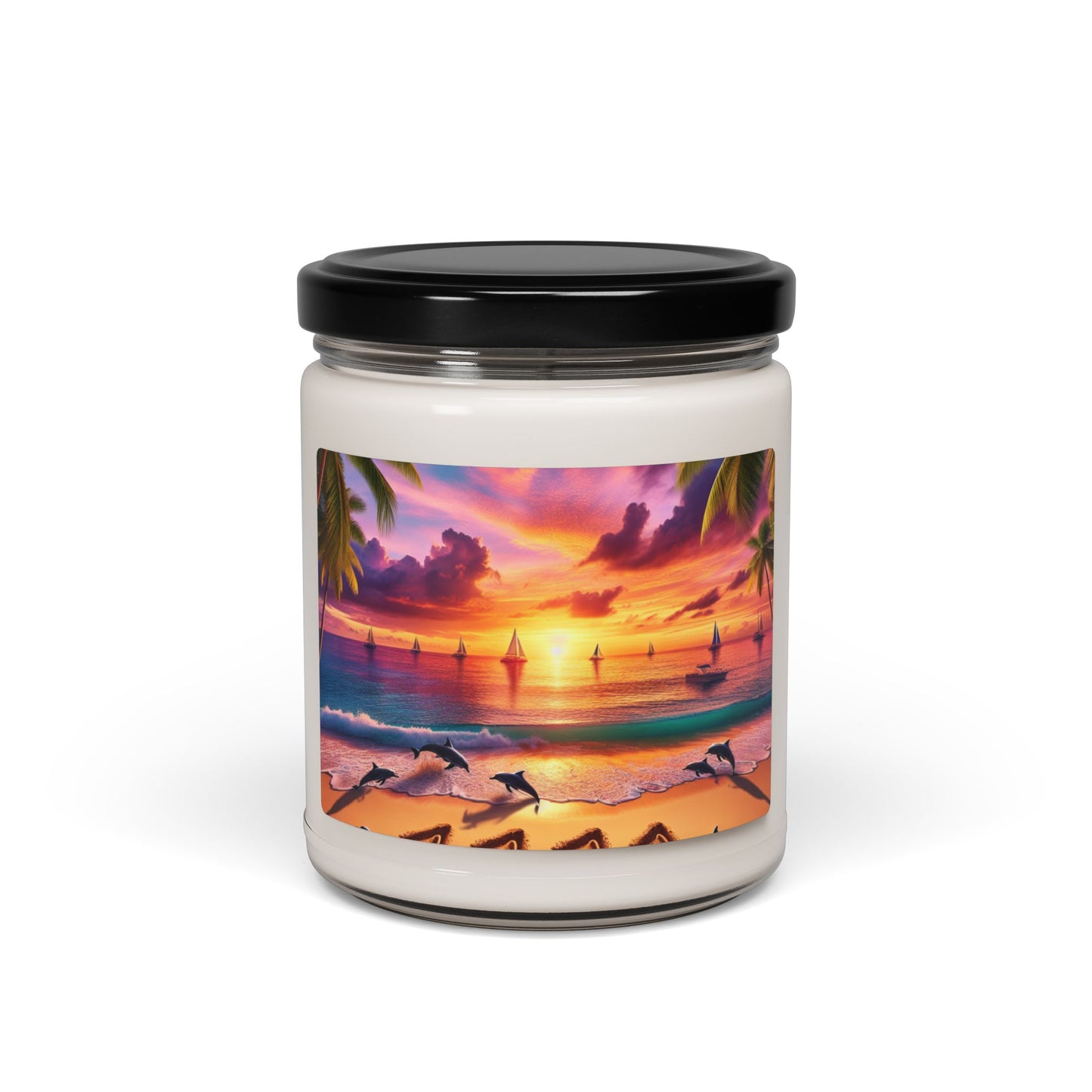 Scented Candle 9 Flavors "Dolphin's Paradise: Twilight Dance on Tropical Shores" - 1111 Tropical Beach Sunset with Palm Trees, Dolphins, and Sailboats Art