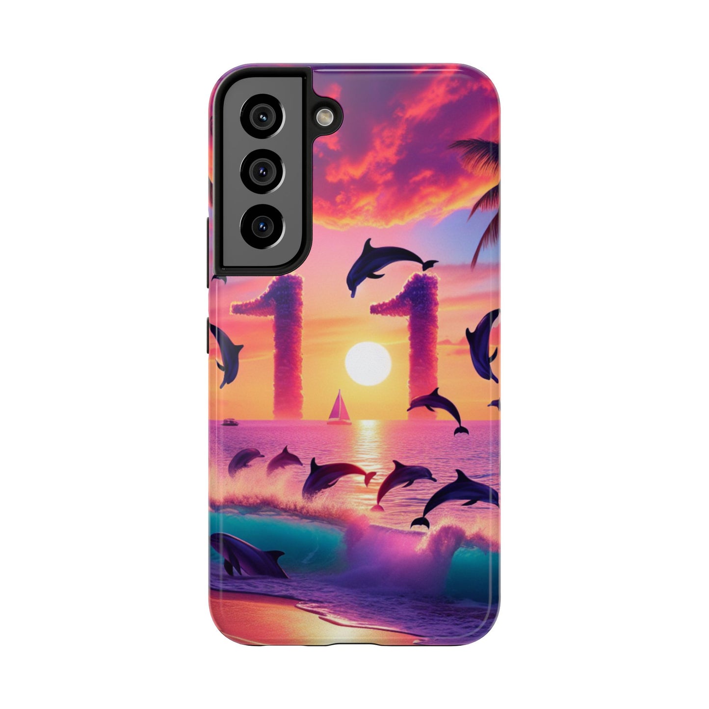 Samsung Galaxy S24 S23 S22 S21 Tough Phone Case "Serenade of the Sun: Tropical Beach Twilight" - 1111 Tropical Beach Palm Trees, Dolphins, and Sailboats Art