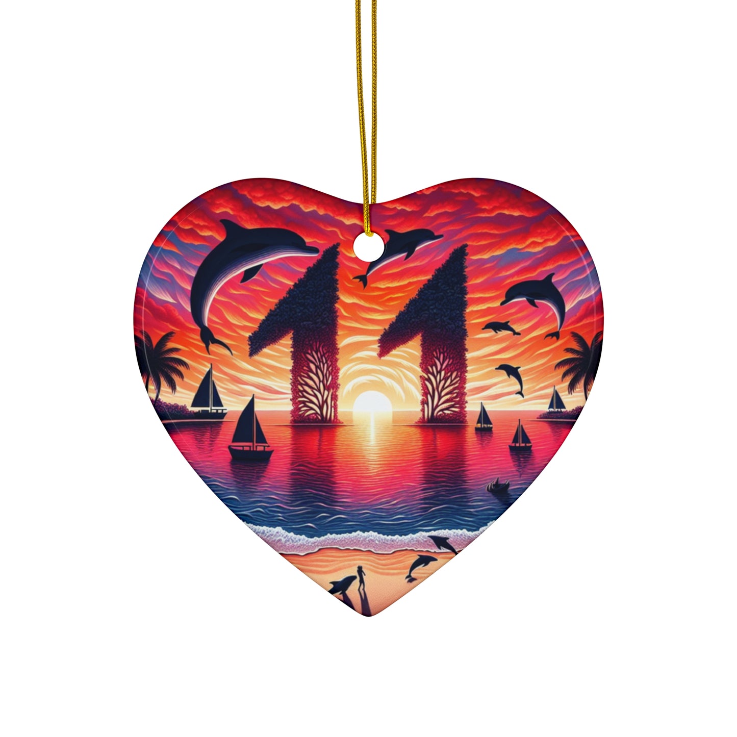 Ceramic Ornament Star, Heart, Snowflake or Circle 1111 "Paradise Sundown: A Tropical Canopy Illumination" - Tropical Beach Sunset with Palm Trees, Dolphins, and Sailboats