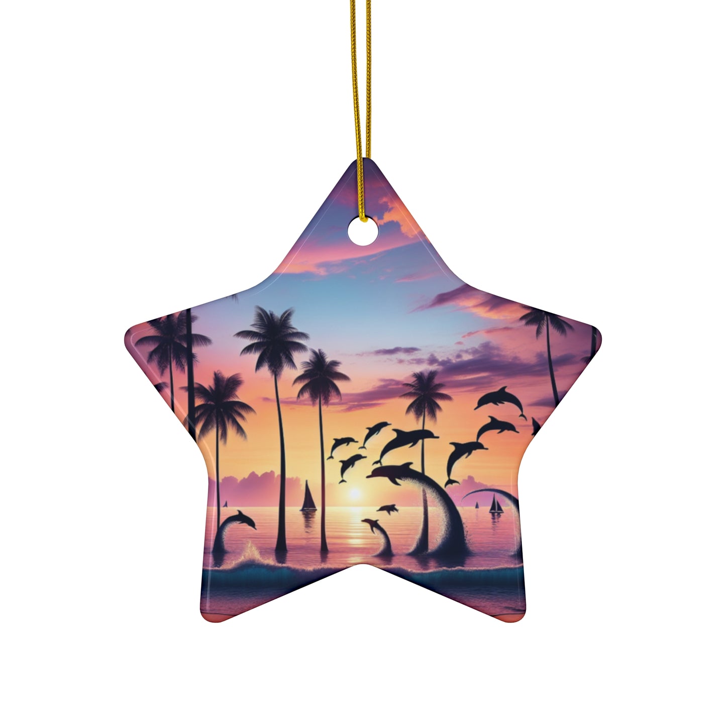 Ceramic Ornament Star, Heart, Snowflake or Circle 1111 "Paradise's Embrace: A Tropical Twilight Symphony" - Tropical Beach Sunset with Palm Trees, Dolphins, and Sailboats