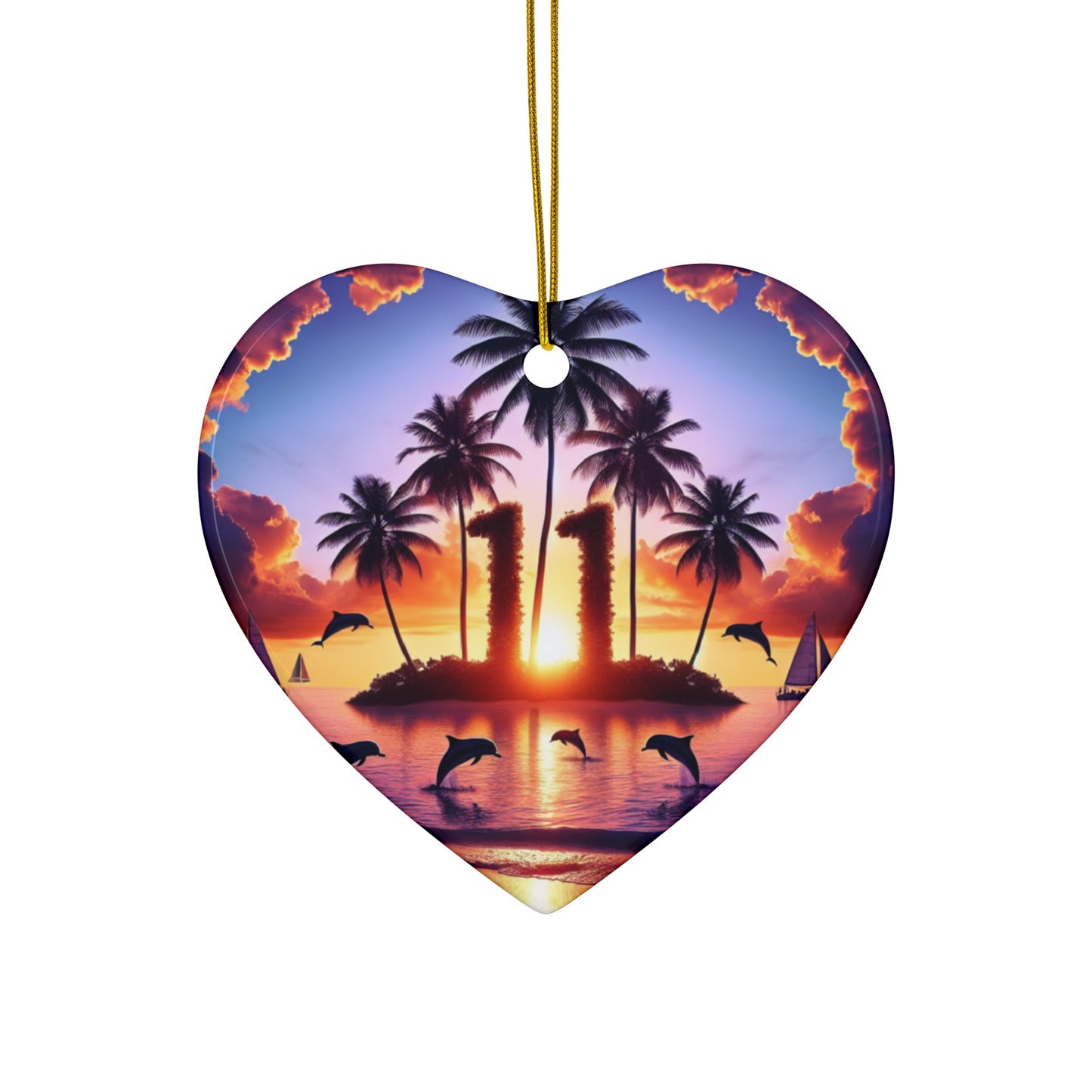 Ceramic Ornament Star, Heart, Snowflake or Circle 1111 "Crimson Dusk on Paradise Coast" - Tropical Beach Sunset with Palm Trees, Dolphins, and Sailboats