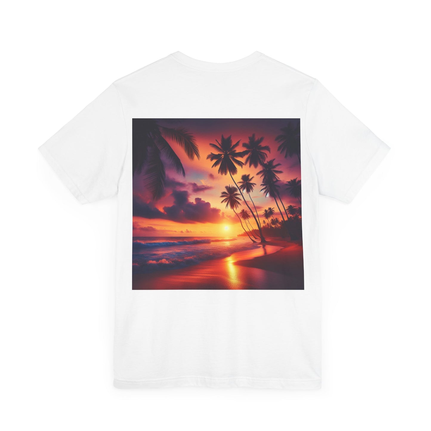 "Paradise Twilight: An Enchanted Island Dusk" - Tropical Beach Sunset with Palm Trees Unisex Tee