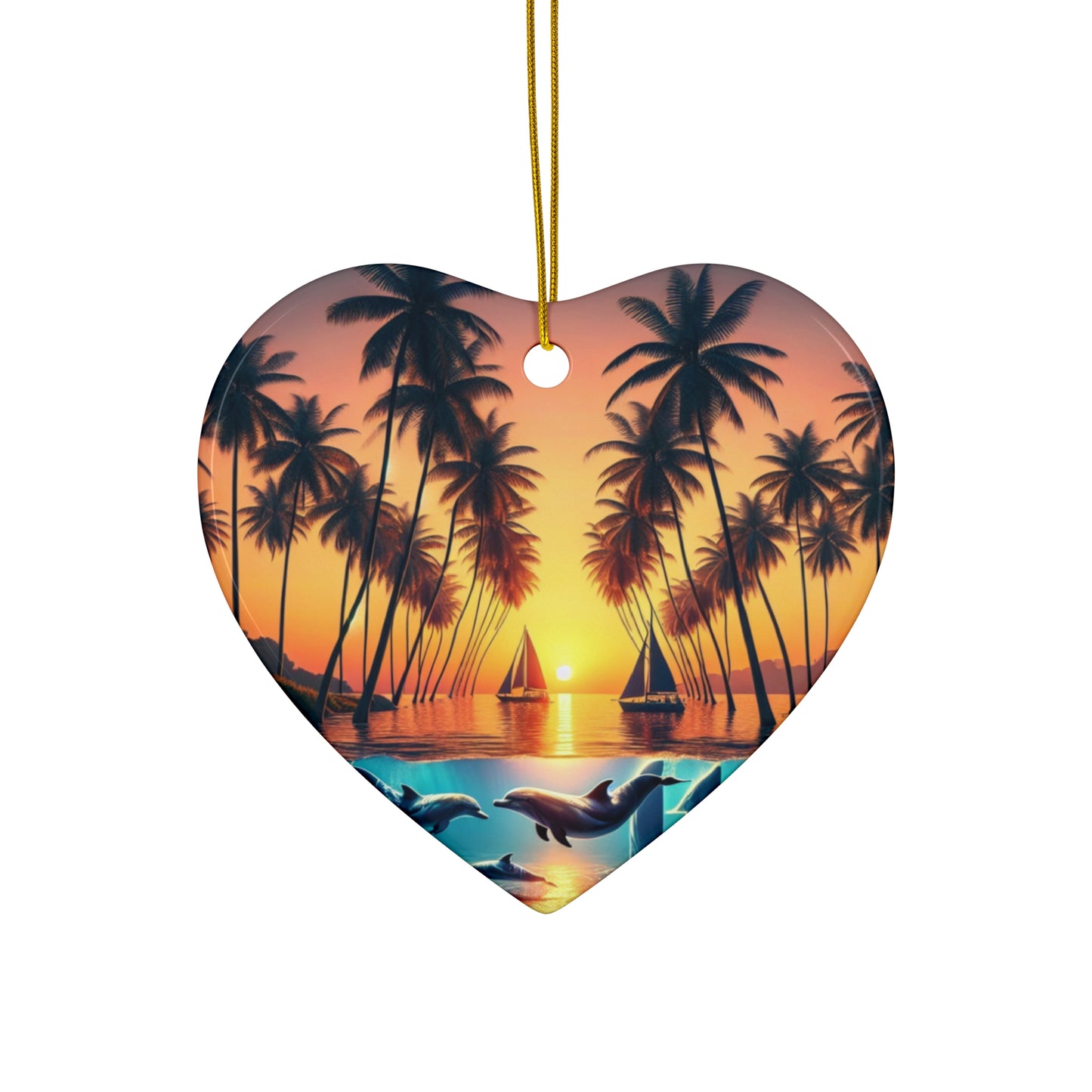 Ceramic Ornament Star, Heart, Snowflake or Circle 1111 "Serene Horizons: A Tropical Twilight Masterpiece" - Tropical Beach Sunset with Palm Trees, Dolphins, and Sailboats