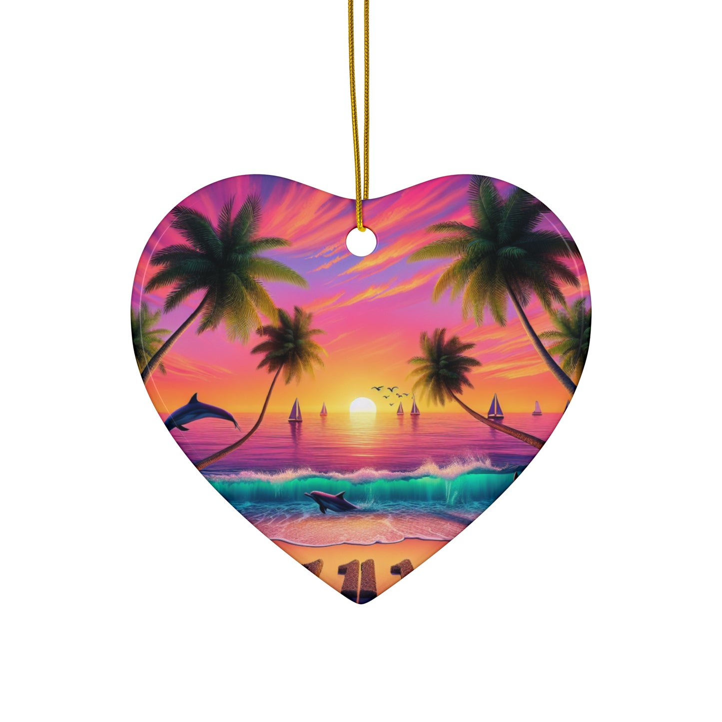 Ceramic Ornament Star, Heart, Snowflake or Circle 1111 "Tropical Twilight Serenade" - Tropical Beach Sunset with Palm Trees, Dolphins, and Sailboats