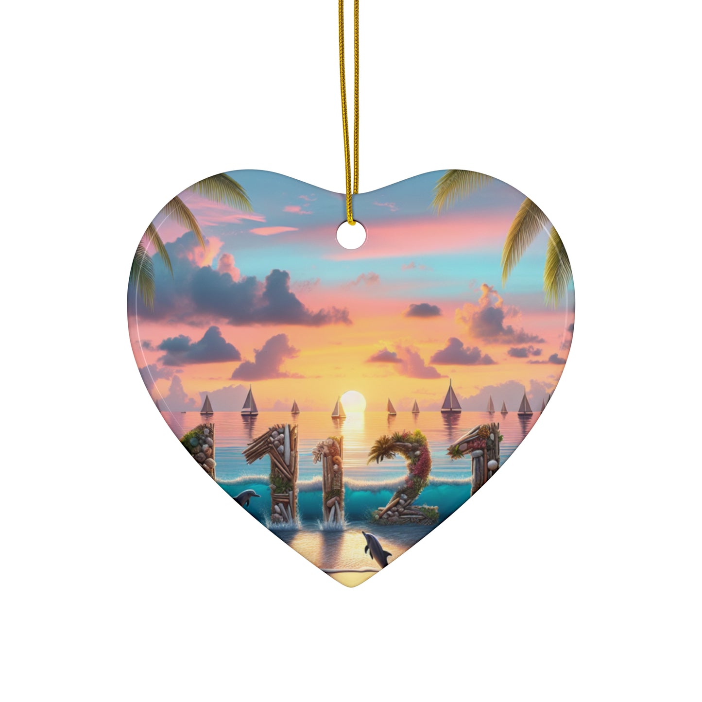 Ceramic Ornament Star, Heart, Snowflake or Circle 1111 "Paradise Twilight: An Ode to Tropical Serenity" - Tropical Beach Sunset with Palm Trees, Dolphins, and Sailboats