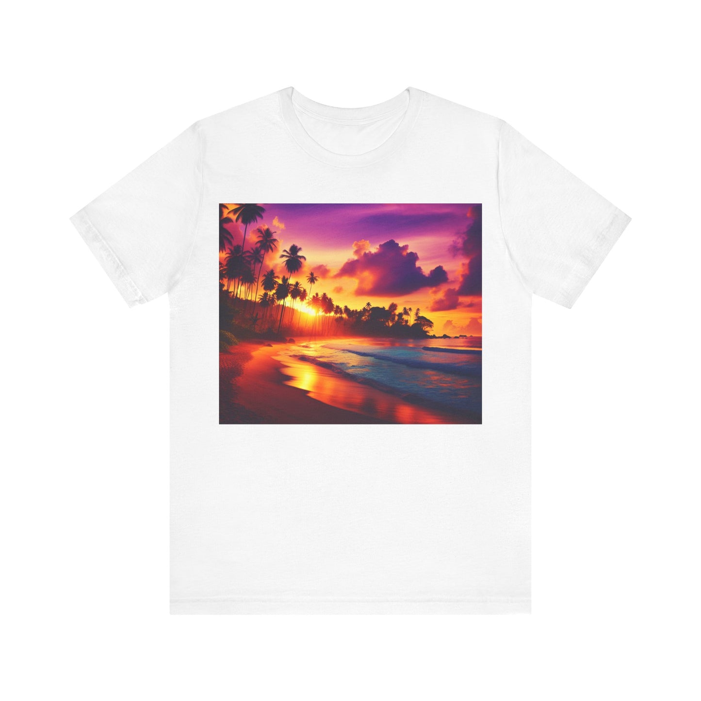 "Paradise Twilight: A Tropic Beach Sunset Symphony" - Tropical Beach Sunset with Palm Trees Unisex Tee