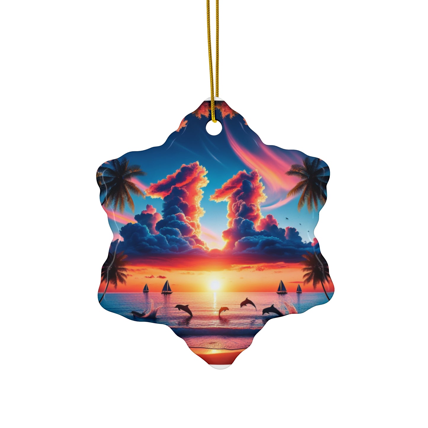 Ceramic Ornament Star, Heart, Snowflake or Circle 1111 "Paradise Serenity: A Tropical Sunset Symphony" - Tropical Beach Sunset with Palm Trees, Dolphins, and Sailboats