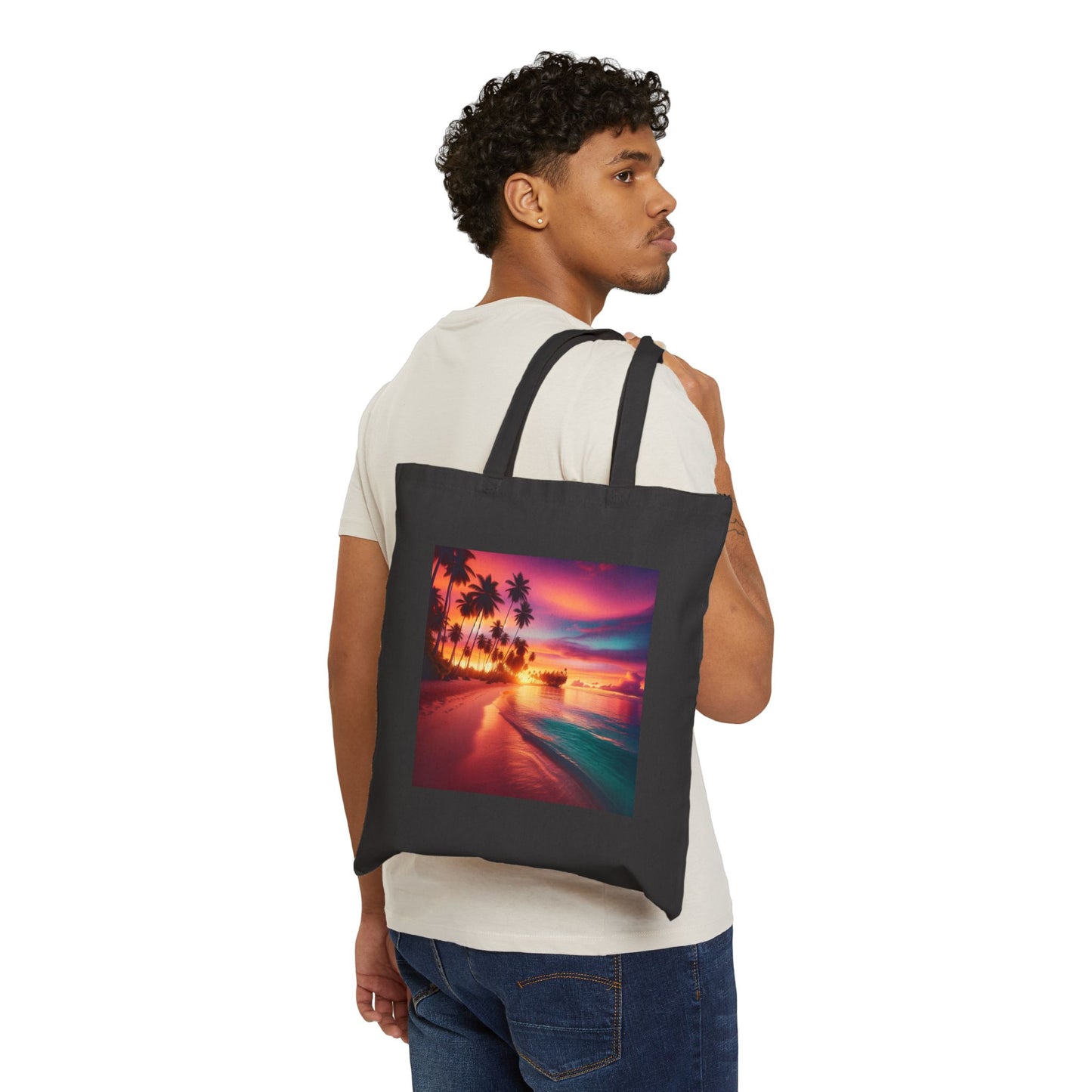 "Dusk Paradise: A Tropical Twilight Symphony" - Natural or Black Cotton Canvas Tote Bag with Tropical Beach Sunset and Palm Trees