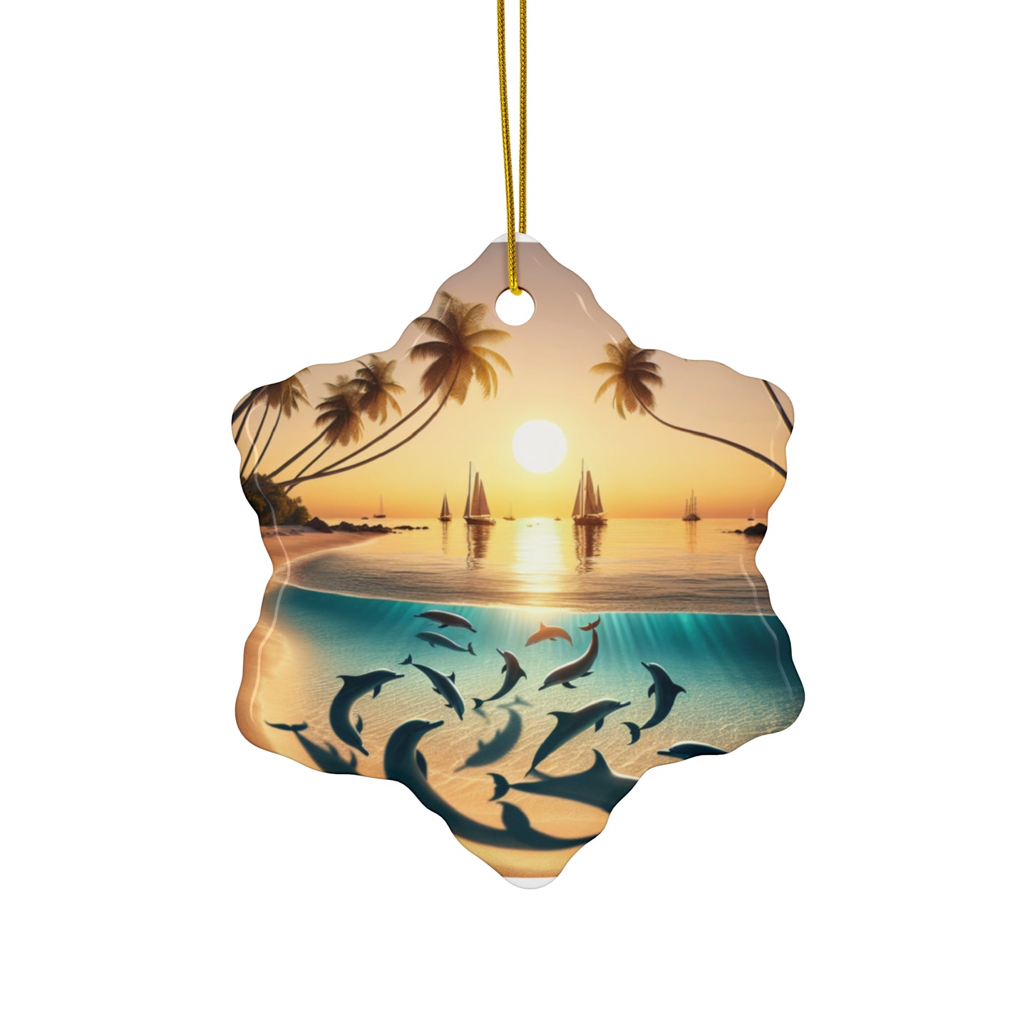 Ceramic Ornament Star, Heart, Snowflake or Circle 1111 "Paradise Serenade: A Tropical Sundown Symphony" - Tropical Beach Sunset with Palm Trees, Dolphins, and Sailboats