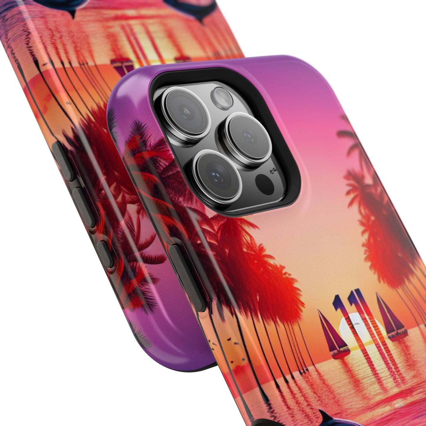 Magnetic Iphone 13-16 Pro and Max 1111 "Twilight Serenity: Tropical Beach Haven" - Tough Phone Case with Tropical Beach Sunset Dolphins ande Sailboats HD Art