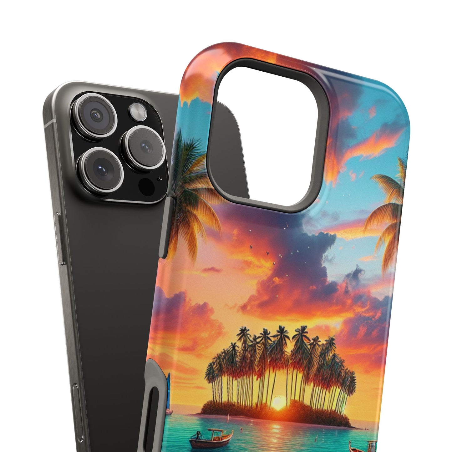 Magnetic Iphone 13-16 Pro and Max 1111 "Sundrenched Serenity: A Tropical Twilight Oasis" - Tough Phone Case with Tropical Beach Sunset Dolphins ande Sailboats HD Art