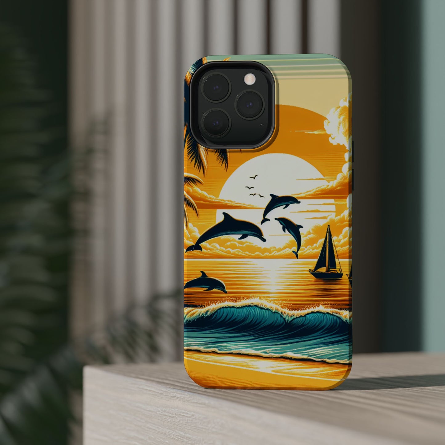 Magnetic Tough Phone case for phone 16 15 14 13 Pro Plus and Max 1111 "Sundrenched Serenity: An Enchanting Tropical Sunset" - Tough Phone Case with Tropical Beach Sunset Dolphins ande Sailboats HD Art