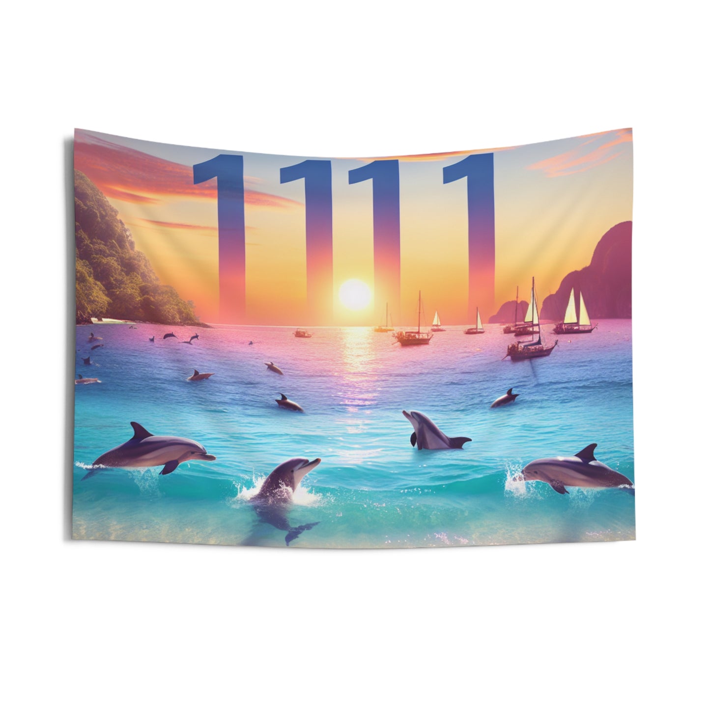 Tropical Beach Dolphin Sailboat Sunset Wall Tapestry with Angel Number 1111, Positive Mindset Reminder, Visualization Goals Gift