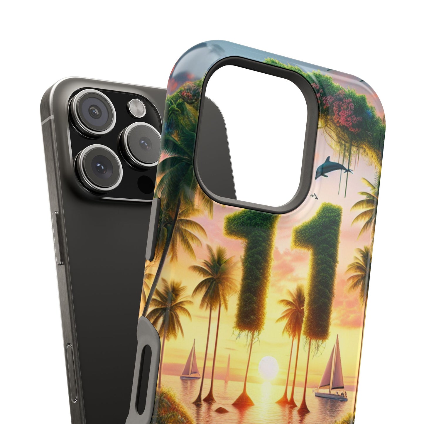 Magnetic Tough Cases, Iphone Case with Tropical Beach Sunset Dolphins and Sailboats HD Art, Angel Number 11, Sundrenched Serenity, Tropical