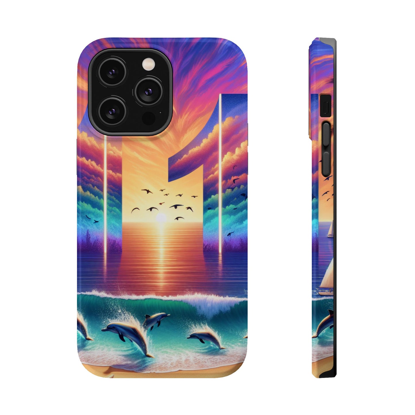 Magnetic Tough Phone case for phone 16 15 14 13 Pro Plus and Max  1111 "Island Serenity: Sunset Haven" - Tough Phone Case with Tropical Beach Sunset Dolphins ande Sailboats HD Art