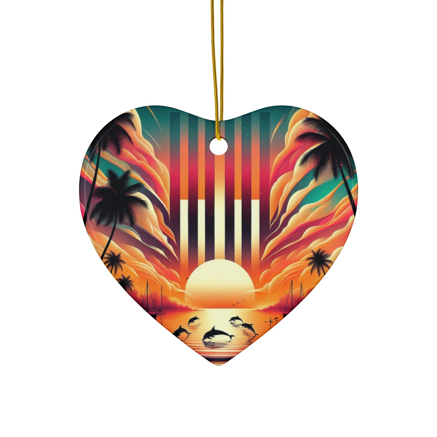 Ceramic Ornament Star, Heart, Snowflake or Circle 1111 "Paradise Serenade: Tropical Beach Sunset" - Tropical Beach Sunset with Palm Trees, Dolphins, and Sailboats