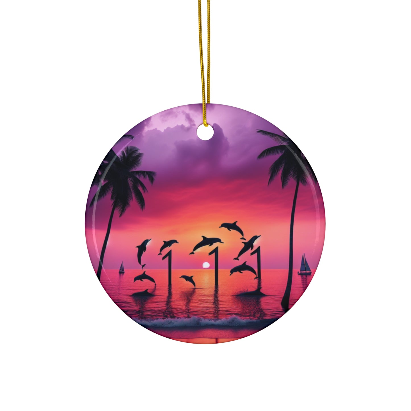 Ceramic Ornament Star, Heart, Snowflake or Circle 1111 "Serenity Bliss: A Tropical Sunset Symphony" - Tropical Beach Sunset with Palm Trees and Dolphins