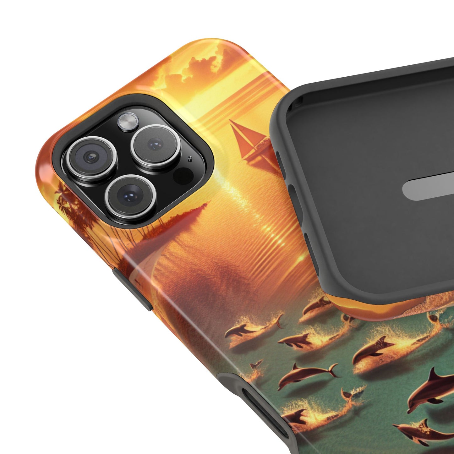 Magnetic Iphone 13-16 Pro and Max 1111 "Golden Sands: Tropical Dusk Serenade" - Tough Phone Case with Tropical Beach Sunset Dolphins ande Sailboats HD Art