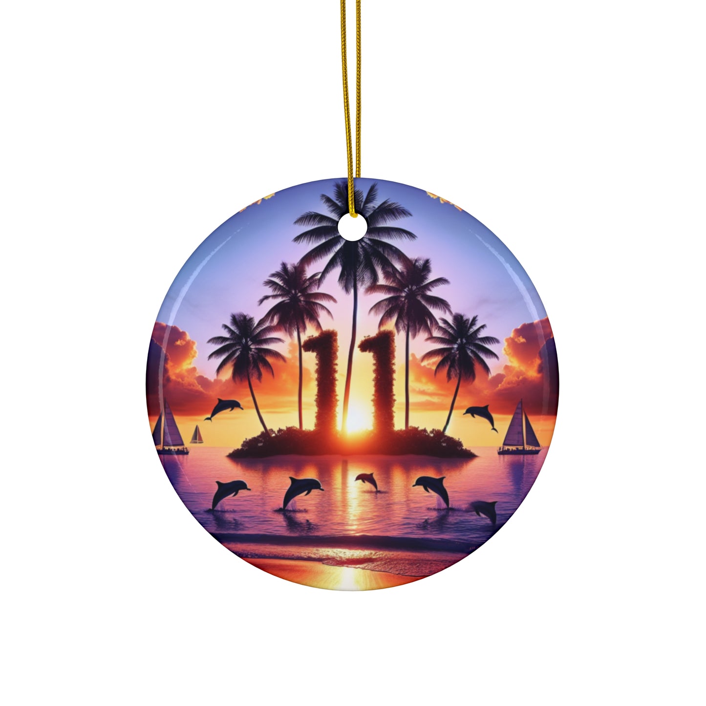 Ceramic Ornament Star, Heart, Snowflake or Circle 1111 "Crimson Dusk on Paradise Coast" - Tropical Beach Sunset with Palm Trees, Dolphins, and Sailboats