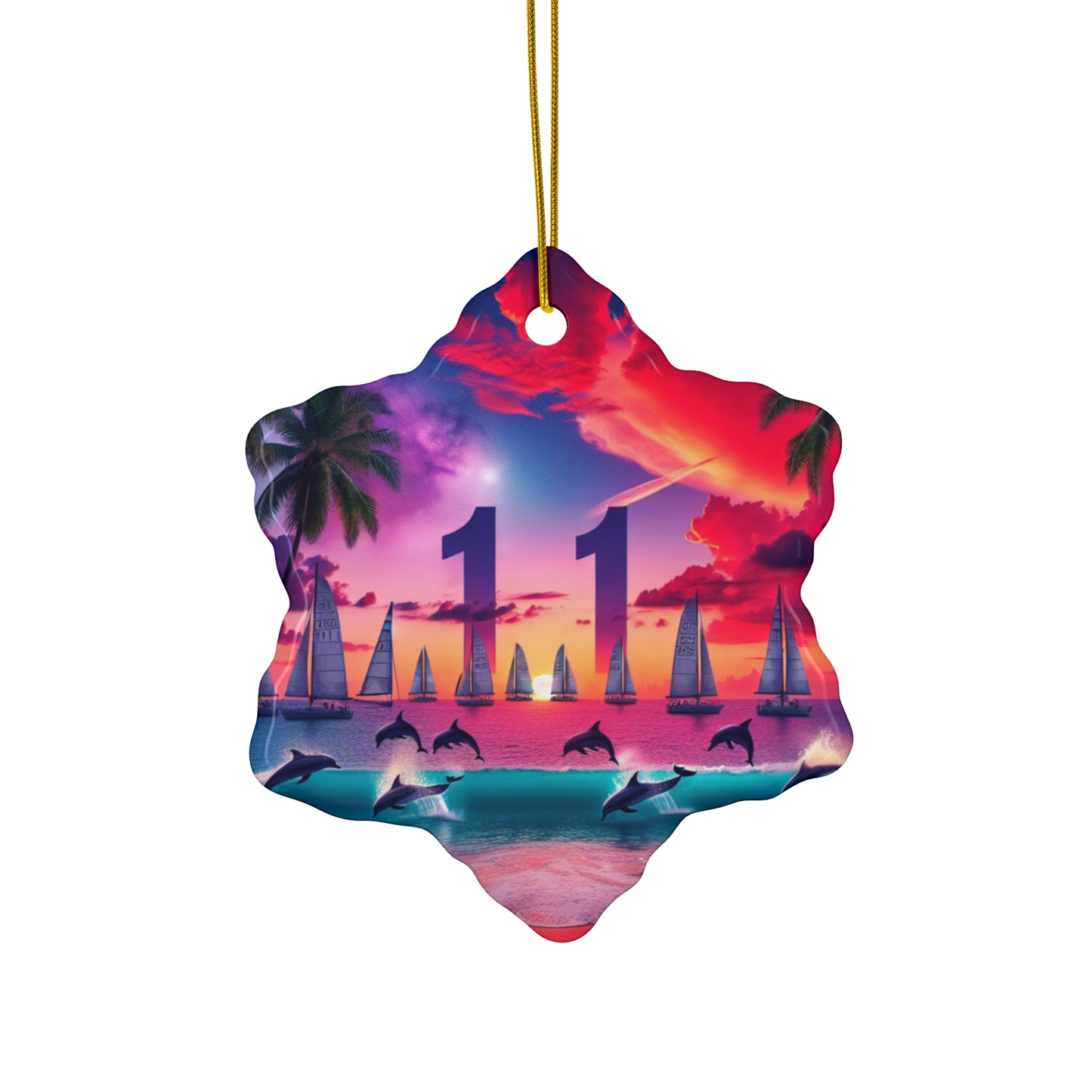 Ceramic Ornament Star, Heart, Snowflake or Circle 1111 "Paradise Luminance: A Tropical Sundown Symphony" - Tropical Beach Sunset with Palm Trees, Dolphins, and Sailboats