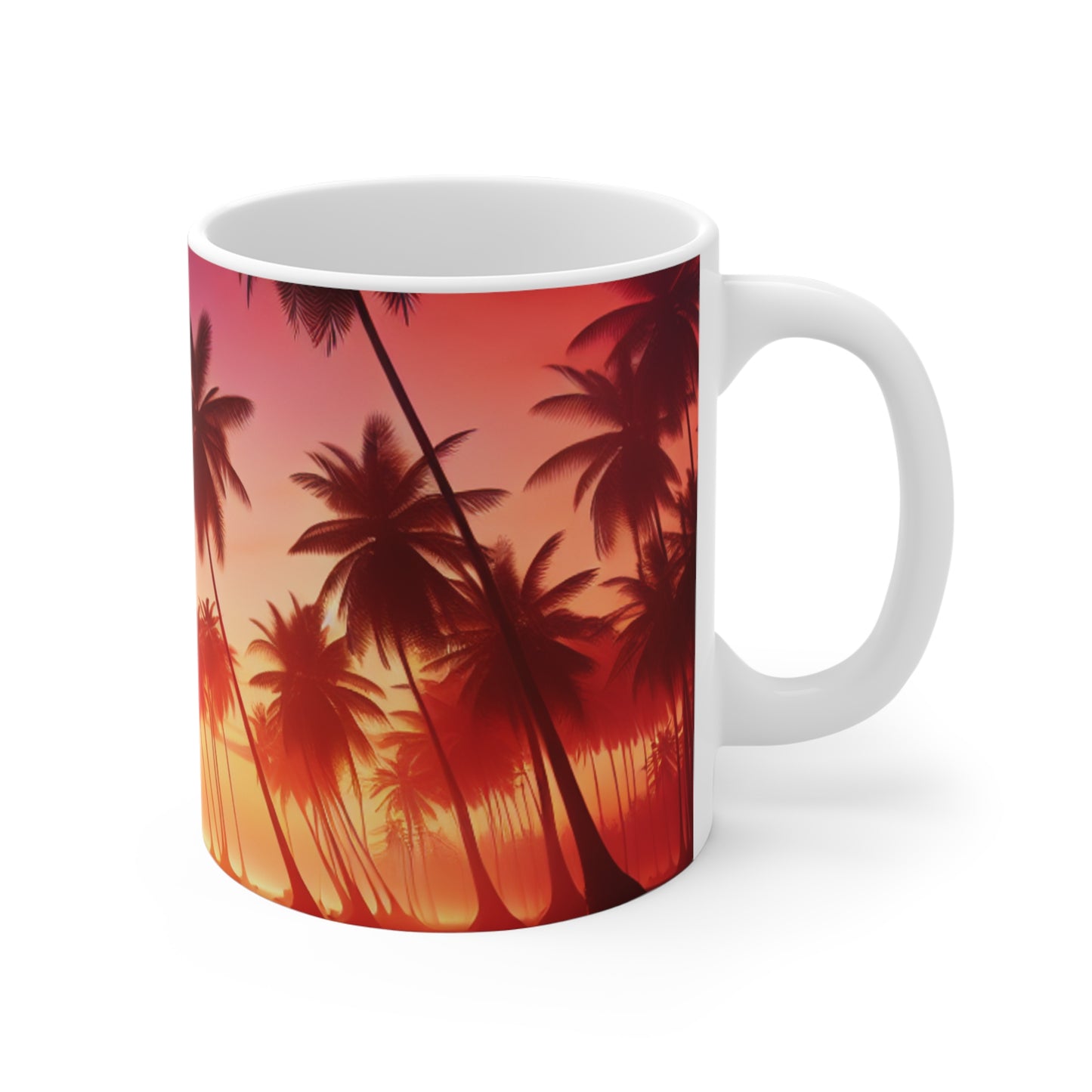 "Radiant Paradise: A Tropical Sundown Symphony" - Tropical Beach Sunset with Palm Trees 11oz White Mug