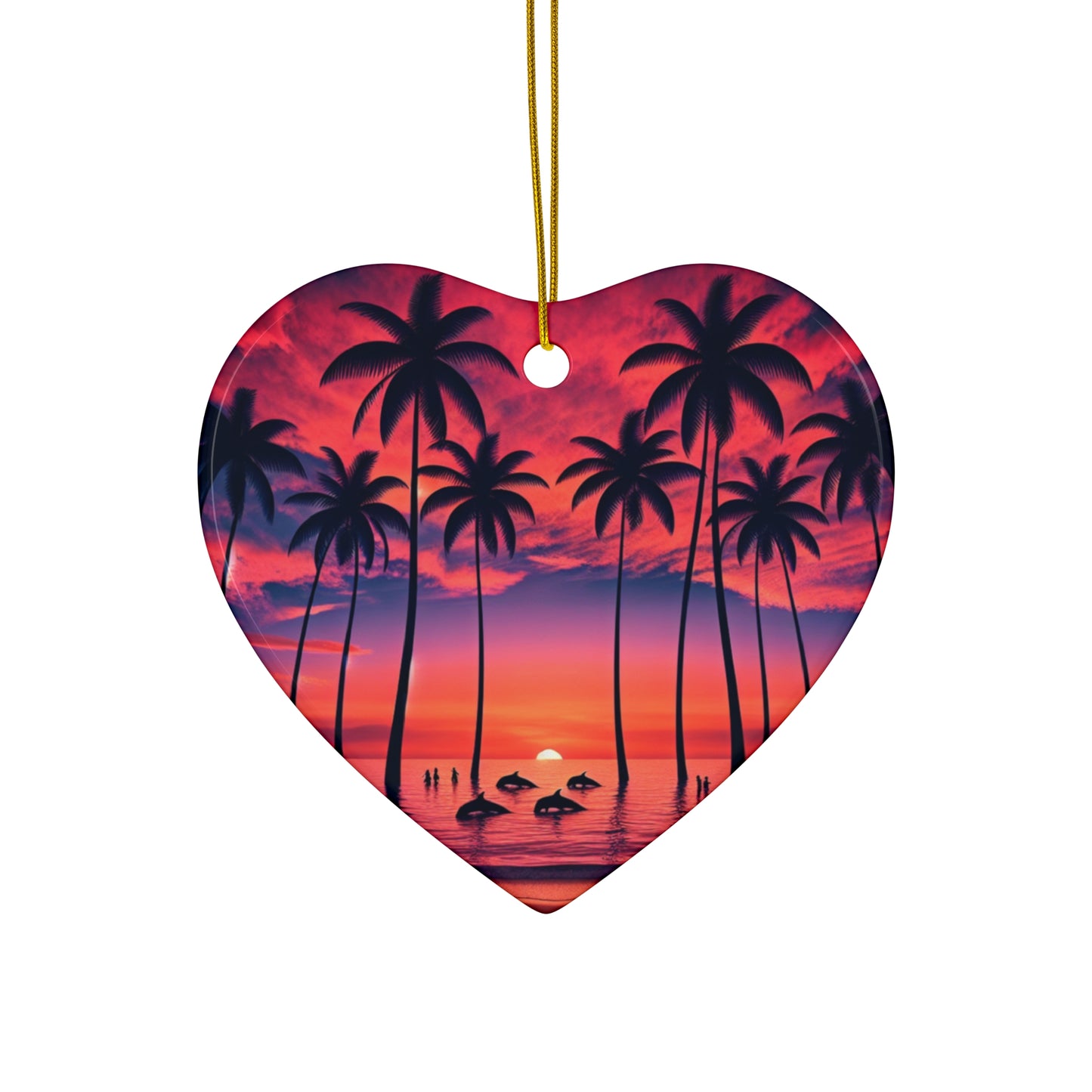 Ceramic Ornament Star, Heart, Snowflake or Circle 1111 "Paradise Beckons: A Tropical Sunset Symphony" - Tropical Beach Sunset with Palm Trees, Dolphins, and Sailboats