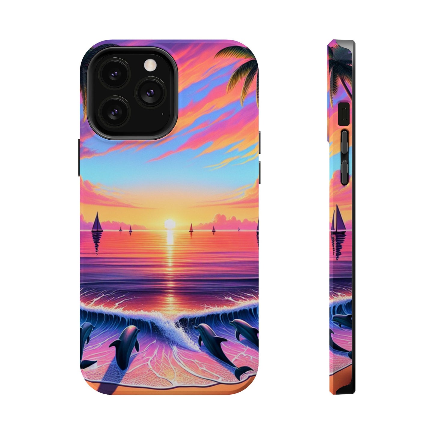 Magnetic Tough Phone case for phone 16 15 14 13 Pro Plus and Max  1111 "Paradise Serenity: A Tropical Twilight Symphony" - Tough Phone Case with Tropical Beach Sunset Dolphins ande Sailboats HD Art