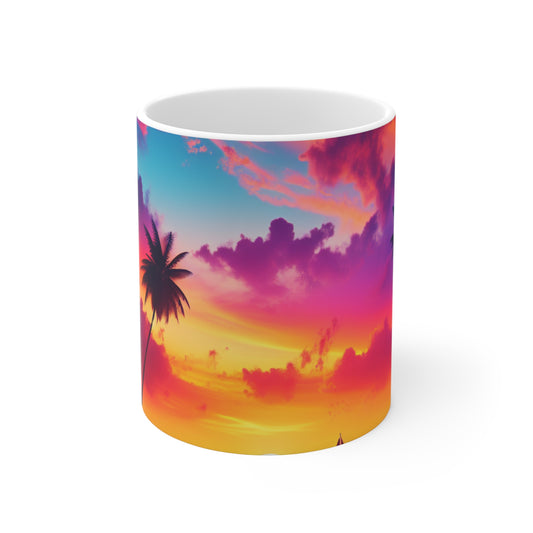 11oz Mug  "Heavenly Alignment: A Tropical Serenade" - Tropical Beach Sunset with Palm Trees Dolphins and Sailboats