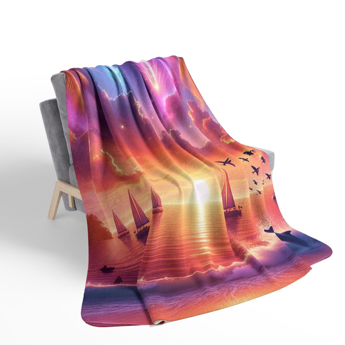 Sherpa Fleece Blanket 1111 "Serene Haven: An 1111 Angelic Sunset Symphony" -  with Tropical Beach Sunset, Palm Trees, Dolphins, and Sailboats