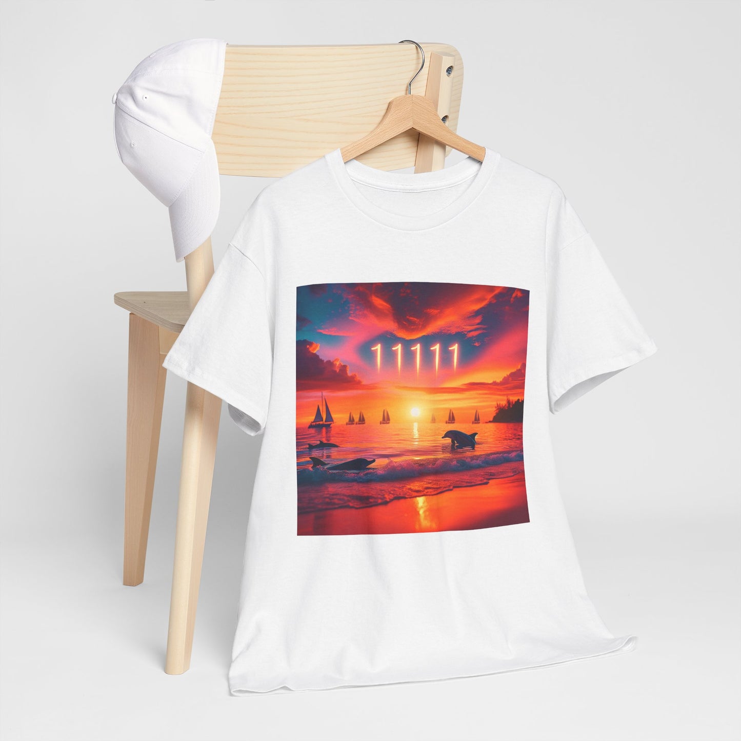 Tropical Beach Sunset Unisex Tee, Dolphins Sailboats Angel 1111 Positive Mindset Visualization Reminder, Heavy Cotton Tshirt, Vacation