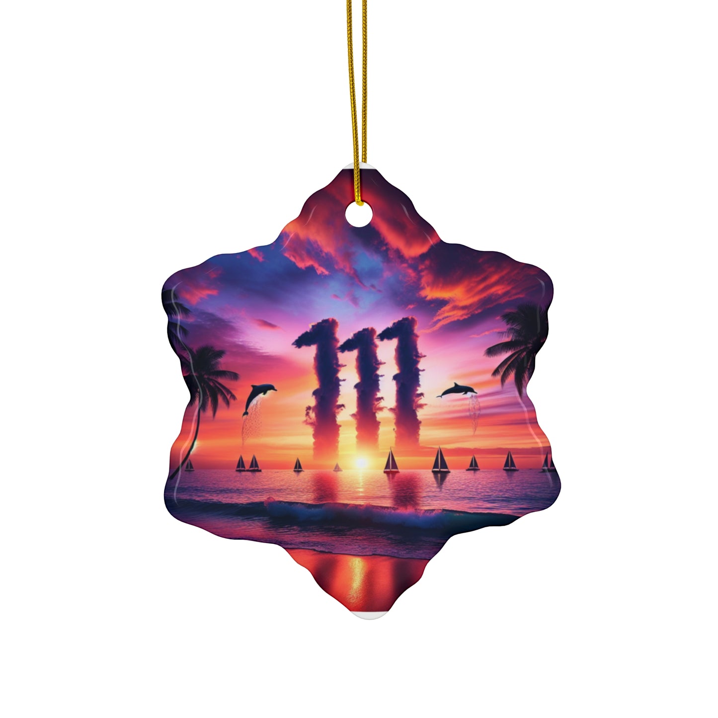 Ceramic Ornament Star, Heart, Snowflake or Circle 1111 "Paradise Twilight: A Tropical Serenade" - Tropical Beach Sunset with Palm Trees, Dolphins, and Sailboats