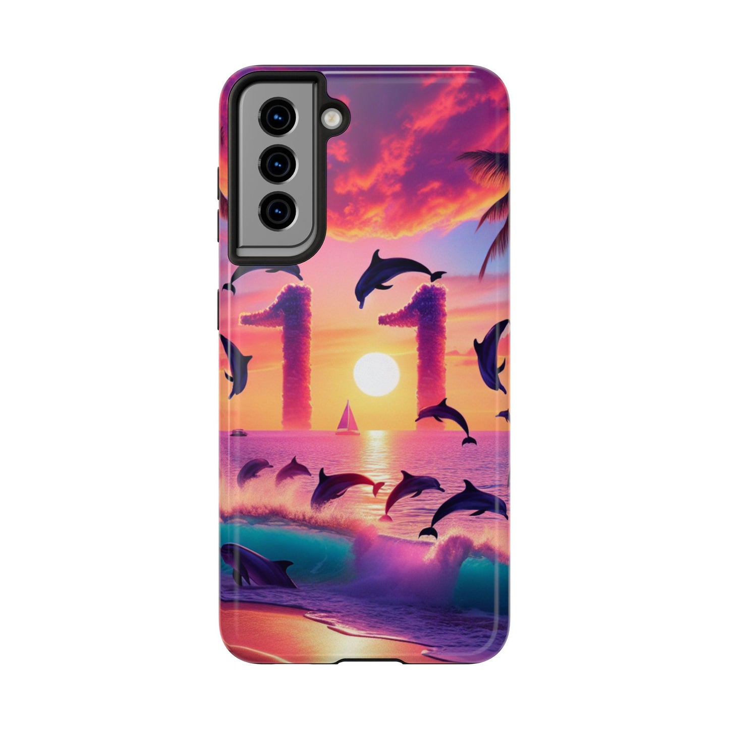 Samsung Galaxy S24 S23 S22 S21 Tough Phone Case "Serenade of the Sun: Tropical Beach Twilight" - 1111 Tropical Beach Palm Trees, Dolphins, and Sailboats Art