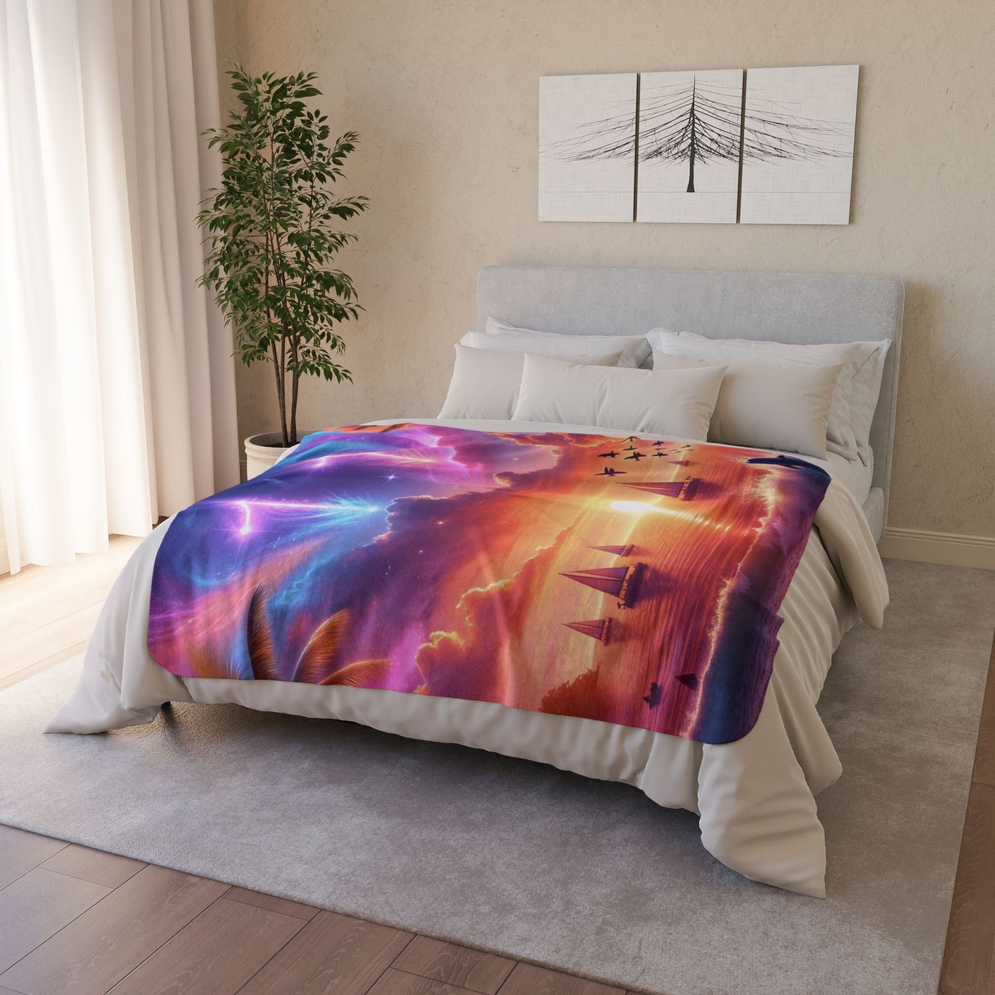 Sherpa Fleece Blanket 1111 "Serene Haven: An 1111 Angelic Sunset Symphony" -  with Tropical Beach Sunset, Palm Trees, Dolphins, and Sailboats