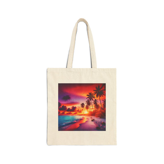 "Paradise Serenity: Tropical Twilight Tranquility" - Natural or Black Cotton Canvas Tote Bag with Tropical Beach Sunset and Palm Trees